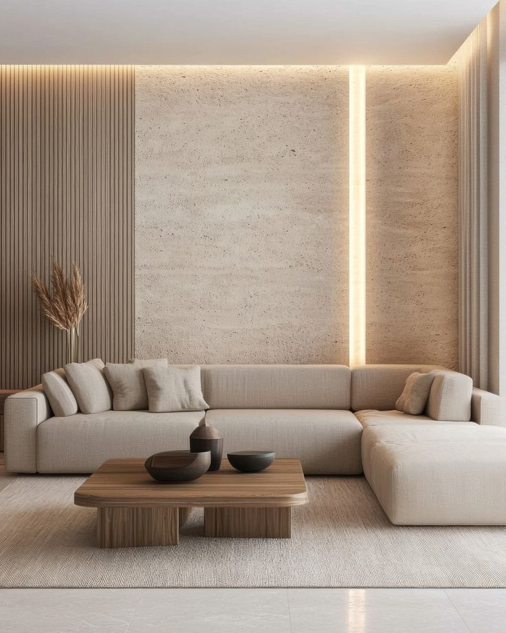 textured minimalist living room, soft neutral boucle sectional,